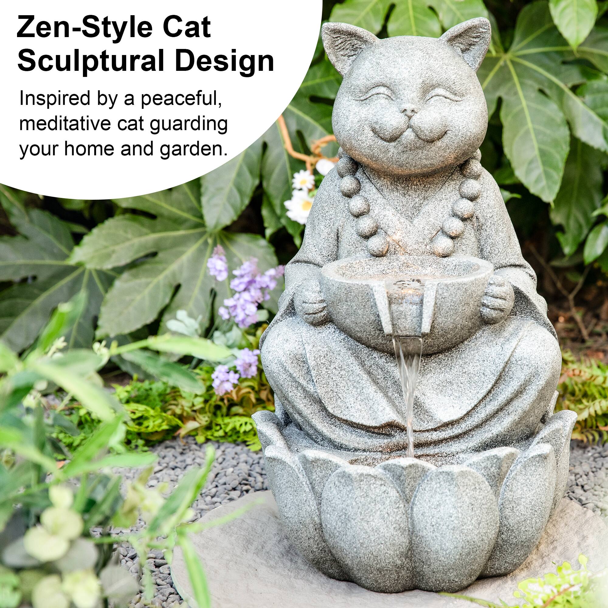 Glitzhome® 21.75" Zen-Style LED 2-Tier Concrete Cat Outdoor Fountain